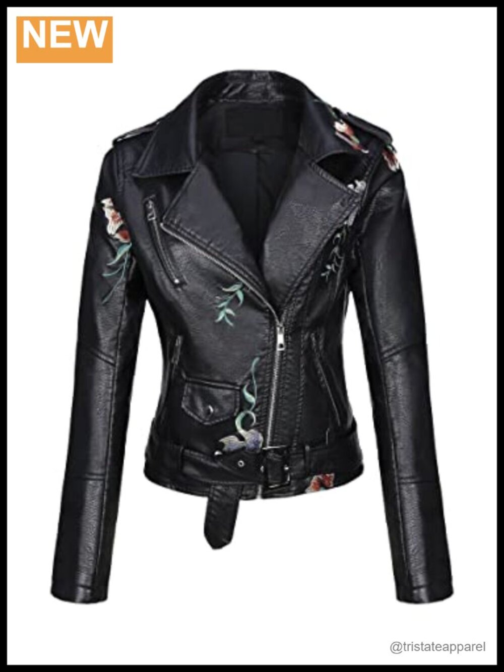 Faux Leather Floral Embroidered Moto Jacket